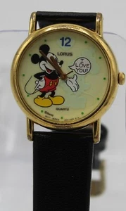 Quartz Watch Disney Lorus Mickey Mouse Golden V821-0270 I Love You Glows Used wo - Picture 1 of 17