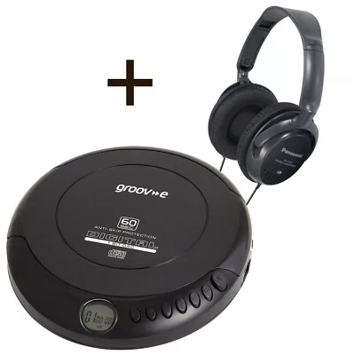 Groov-e  GVPS110 Retro CD Player with Panasonic RPHT225 Headphones - Black - Image 1 of 4