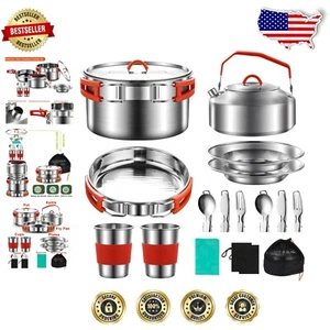 Compact Camping Cookware Set for Two: Stainless Steel Mess Kit with Carry Bag - Picture 1 of 11