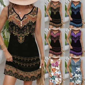 Boho Sexy Women Print Button V Neck Dress Ladies Holiday Party Casual Sundress - Picture 1 of 25