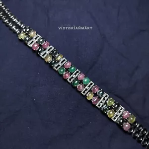 925 Sterling Silver Real Diamond Emerald Sapphire & Ruby Flower Bracelet 7" - Picture 1 of 6