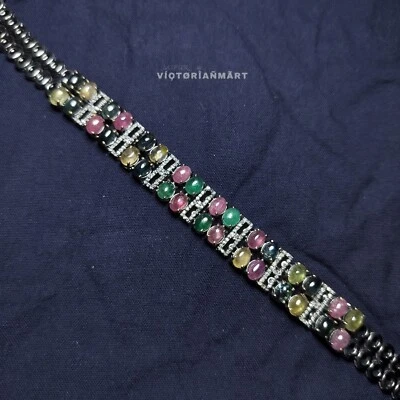 925 Sterling Silver Real Diamond Emerald Sapphire & Ruby Flower Bracelet 7" - Image 1 of 4