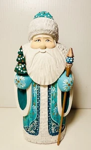 Vintage Hand Carved & Painted Russian Santa Wooden Blue 8 1/2” Rare - Picture 1 of 16
