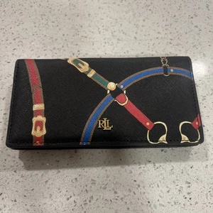Womens Lauren Ralph Lauren Print Crosshatch Leather Slim Wallet Metal Logo Horse - Picture 1 of 3