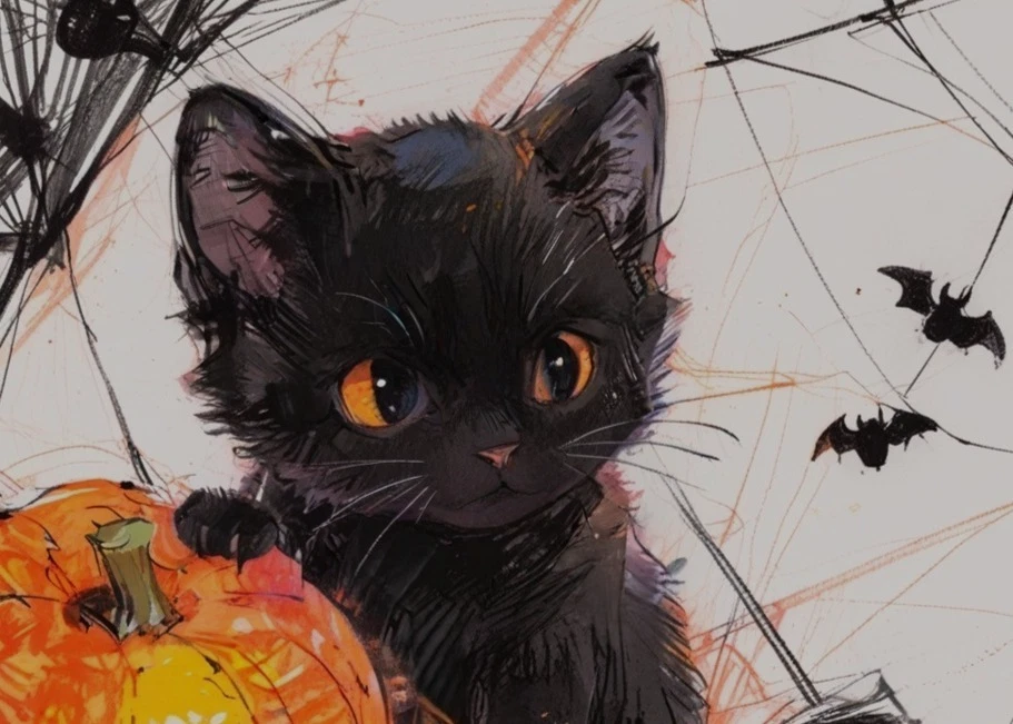 ACEO Mini *Art Print* Black Cat Baby Kitten Halloween Bats Spider Web - Saulite - Image 1 of 1