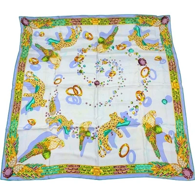 Auténtica bufanda Cartier Pantera loro estampado animal seda azul claro #366362 Foto 1 de 4