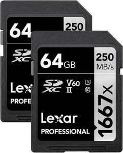 Lexar 64GB (2-Pack) Professional 1667x SD Card, UHS-II, C10, U3, 64GB, Black - Picture 1 of 7