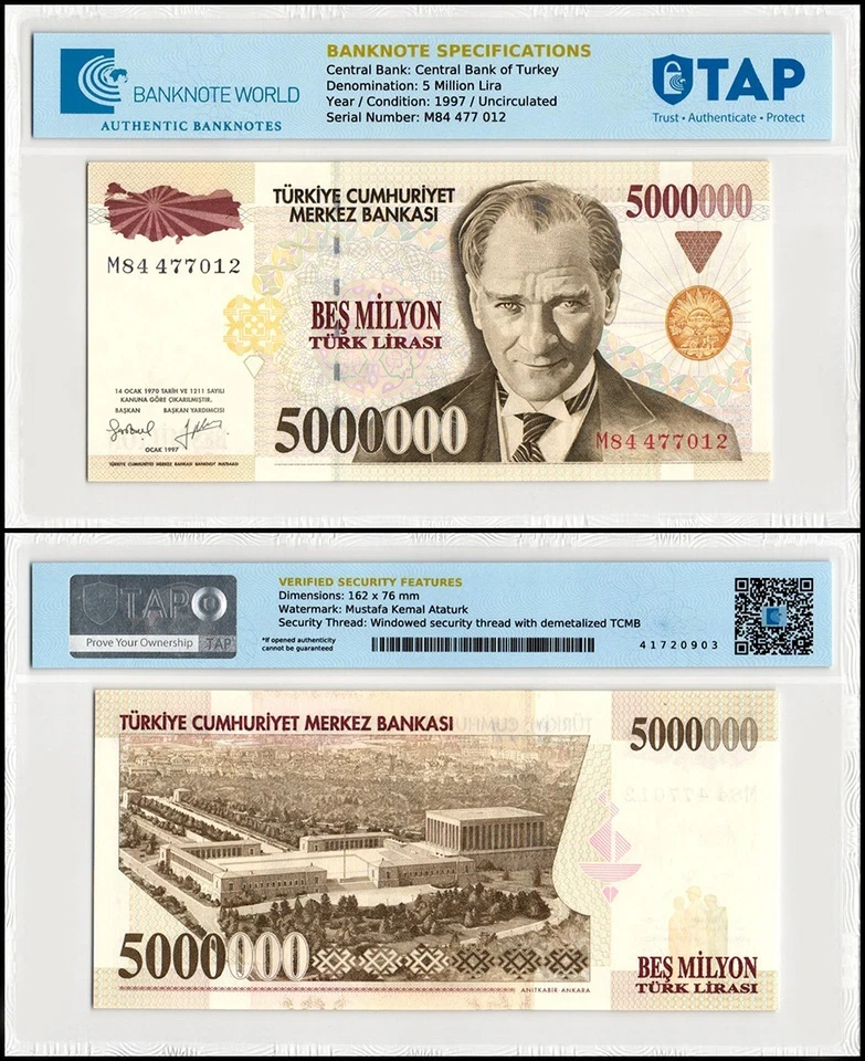 Turkey 5 Million Lira, L.1970 (1997), P-210b.2, UNC Prefix M, Authenticated - Image 1 of 1