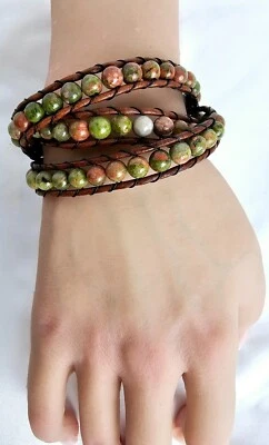 Women's Bracelet ~Jasper Beads  ~ Triple Wrap Bracelet On Fine Leather - Image 1 of 3