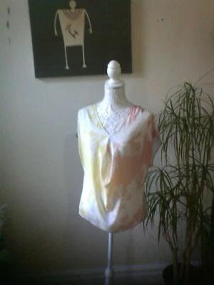 Warehouse   Beach Cover Pure Silk Lemon/Peach Silver Short Sleeve Top sz10.8 - Image 1 of 4