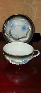 Vintage Black Dragonware Raised Moriage Lithophane Tea Cup & Saucer Japan - Picture 1 of 4
