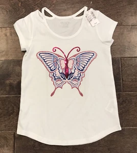 Kinder Place weiß Cut Out Shirt glitzernd rosa/blau Schmetterling Medium 7/8 - Bild 1 von 4