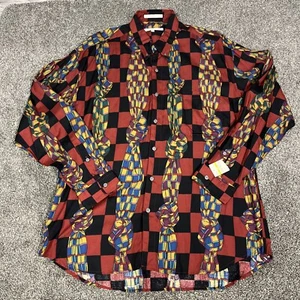Perry Ellis Vintage Men Shirt Size Large L Multicolor Pure Silk Check Button Up - Picture 1 of 11