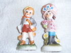 2 X POTTERY FIGURINES FIGURES - VINTAGE COUNTRY ORNAMENTS CHILDREN BOY & GIRL