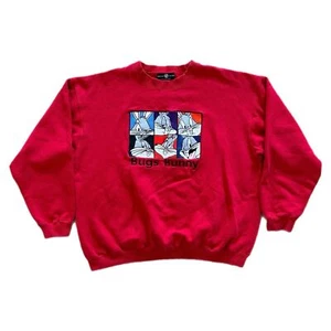 Vintage Looney Tunes Sweater Mens XL Bugs Bunny Crewneck 90s Red Fleece - Picture 1 of 7