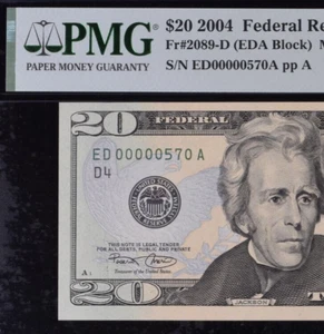 2004 $20 Federal Reserve Note PMG 64EPQ birthday low serial number 0000570 - Picture 1 of 3