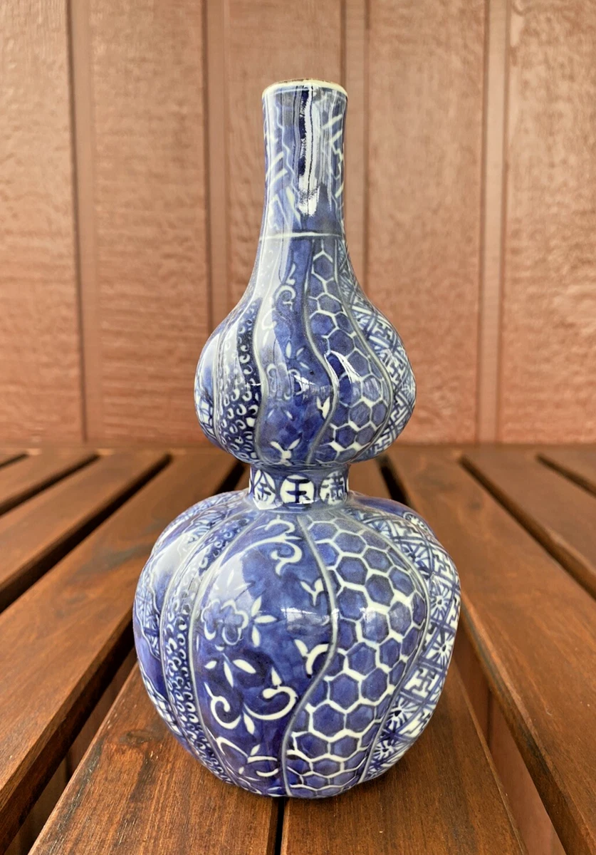 青と黄色の花柄の陶器の花瓶 中古品 青と黄色の