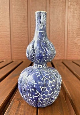 Jarrón Shonzui de doble calabaza Kiyomizu Kyo Yaki de porcelana azul y blanco japonés raro Foto 1 de 4