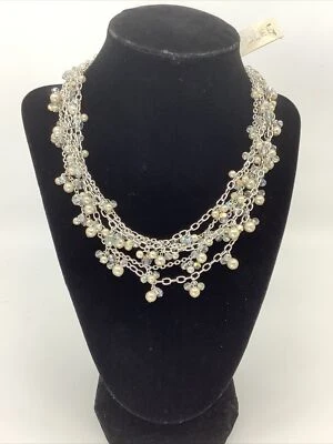 NWT Vintage Carolee Silver Tone AB Crystal Rhinestone Faux Pearl Drop Necklace - Image 1 of 4