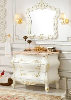 Waschtisch Marmor Holz Spiegel Beige Gold Waschbecken Bad Luxus Barock Klassisch - Bild 1 von 2