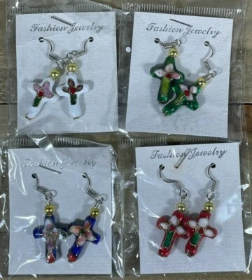 Lote de 4 NUEVO Pendientes Cruz Colgantes Cloisonné Flores Blancas, Verdes, Rojas, Azules Foto 1 de 4