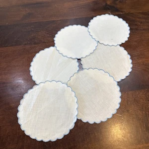Cream Round, Scalloped Blue Edge, Linen Doily Table Dollies Set 6 Vintage - Picture 1 of 5