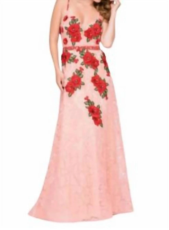 Vestido bordado de encaje Jovani melocotón/rojo Foto 1 de 1