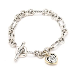 David Yurmand Chain Bracelet with Heart Charm, Sterling Silver 18k Yellow Gold - Picture 1 of 6