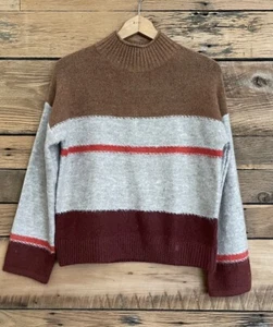 Suéter Tejido Universal Threads Colorblock Marrón Gris Rojo Rayas Acanalado Cuello Alto - Imagen 1 de 3