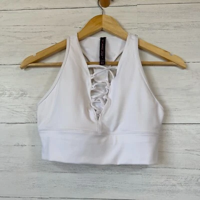 Sujetador deportivo Betsey Johnson para mujer talla pequeña blanco rendimiento ropa deportiva con cordones Foto 1 de 4
