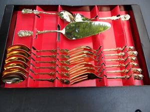 15-tlg. Kaffeebesteck Vergoldet - OVP unbenutzt - Griff Rosenmuster - 80er-Jahre - Bild 1 von 8