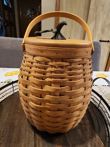 Vintage Longaberger 2000 October Fields Basket with Lid Metal Leaf Plastic Liner Cover