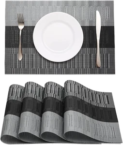 Black Placemats Set of 4 Heat-Resistant Washable Place Mats Non-Slip Vinyl Woven - Picture 1 of 12