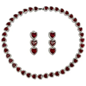 Heart Cut Red Ruby Created Diamonds Necklace and Earrings with Free Gift Box - Picture 1 of 6