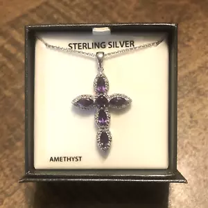 Sterling Silber Amethyst CZ Kreuz Anhänger 18" Halskette Neu in Box mit Etikett - Bild 1 von 14