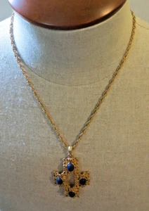 1970's Sarah Coventry Large Gold Tone Cross Necklace Blue Cabochons 0322A - Picture 1 of 6
