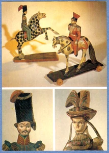 Russian POSTCARD Wood figurines: Horsemen Warrior Lady with flowers - Picture 1 of 2