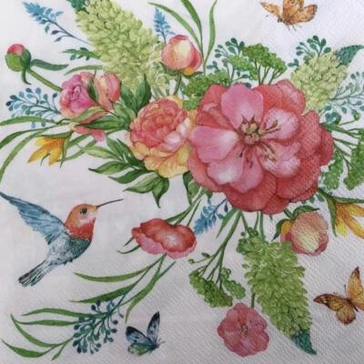 PAPER NAPKINS  PACK OF 20 MIXED FLOWERS W HUMMINGBIRD LUNCH / DECOUPAGE   3PLY - image 1 of 2