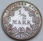 Münze Deutsches Reich Kaiserreich Silber 1/2 Mark 1912 J in Polierte Platte