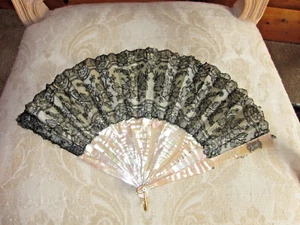 #509-Antique Hand Fan Hand Point De Gaz on Mother of Pearl, Silver Monogram,1870 - Picture 1 of 6