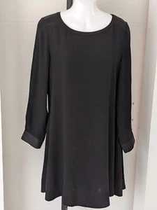 Vestido Eileen Fisher NUEVO CON ETIQUETAS $398 negro 100% seda georgette manga larga cuello barco M/L - Imagen 1 de 12