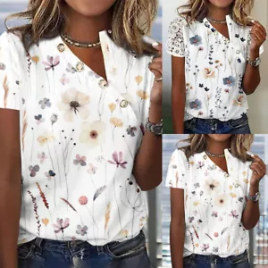 Women Short Sleeve Floral Prints Tops T-Shirts Ladies Button Casual Loose Blouse - Picture 1 of 12