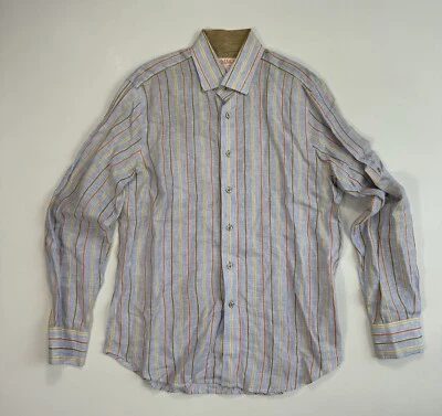 Inserch Collezione Uomo Men’s Large 100% Linen Button Down Shirt Blue Orange - Image 1 of 4