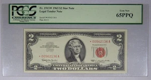 $2 Federal Reserve Note Fr. 1513* 1963 $2 Star Note PCGS 65PPQ Legal Tender Note - Picture 1 of 3