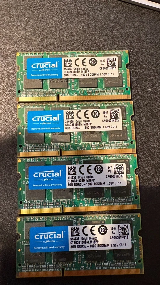 Crucial RAM 32 (4x8) GB DDR3 1600 MHz CL11 Laptop Memory CT102464BF160B - Image 1 of 1