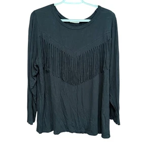 Black Fringe Long Sleeve Top Pebble and Stone Plus Size 1X Western - Picture 1 of 7
