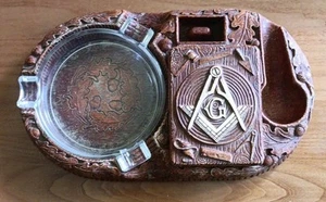Freemason Masonic Syroco Wood Cigarette/Tobacco Box Pipe Holder, Card Ashtray - Picture 1 of 4