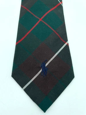 Vtg Polo Ralph Lauren Tie green brown Plaid cotton Pony logo handmade 3.75x56" - Image 1 of 4