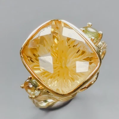 Anillo de cuarzo limón natural con piedras preciosas de plata de ley 925 talla 8/R437382 Foto 1 de 4