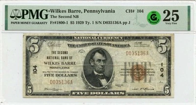 1929 Ty.1 $5 Second NB Of Wilkes Barre PA CH# 104 PMG VF25 GCC Green - Image 1 of 2